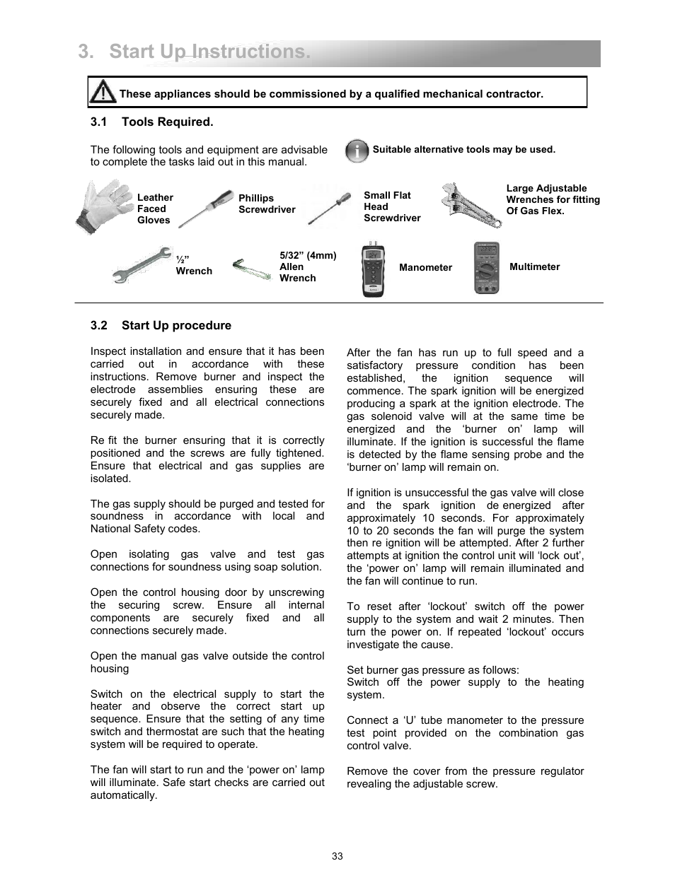 Start up instructions, 1 tools required, 2 start up procedure | Reznor VCT Unit Installation Manual User Manual | Page 33 / 48