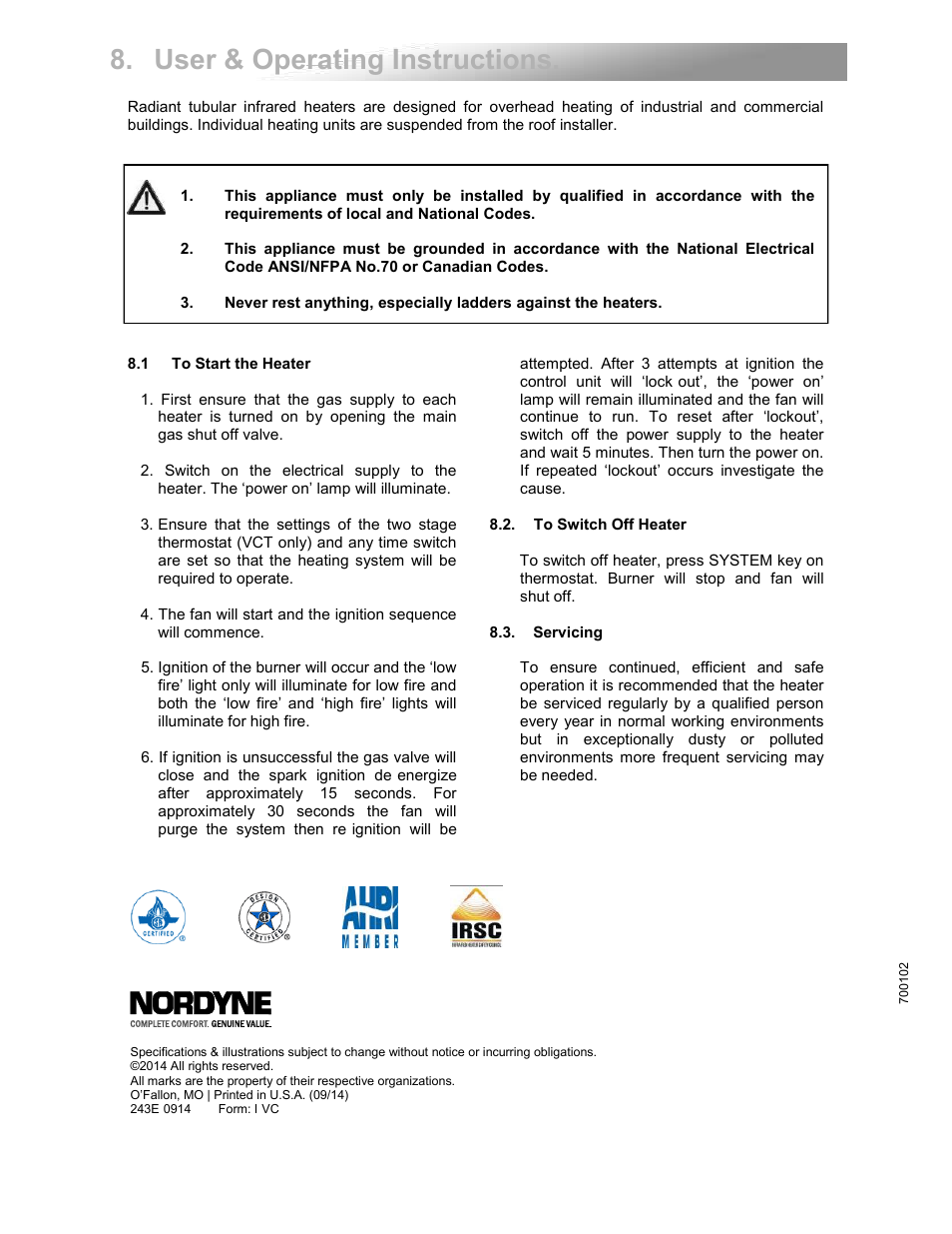 User & operating instructions | Reznor VCT Unit Installation Manual User Manual | Page 48 / 48