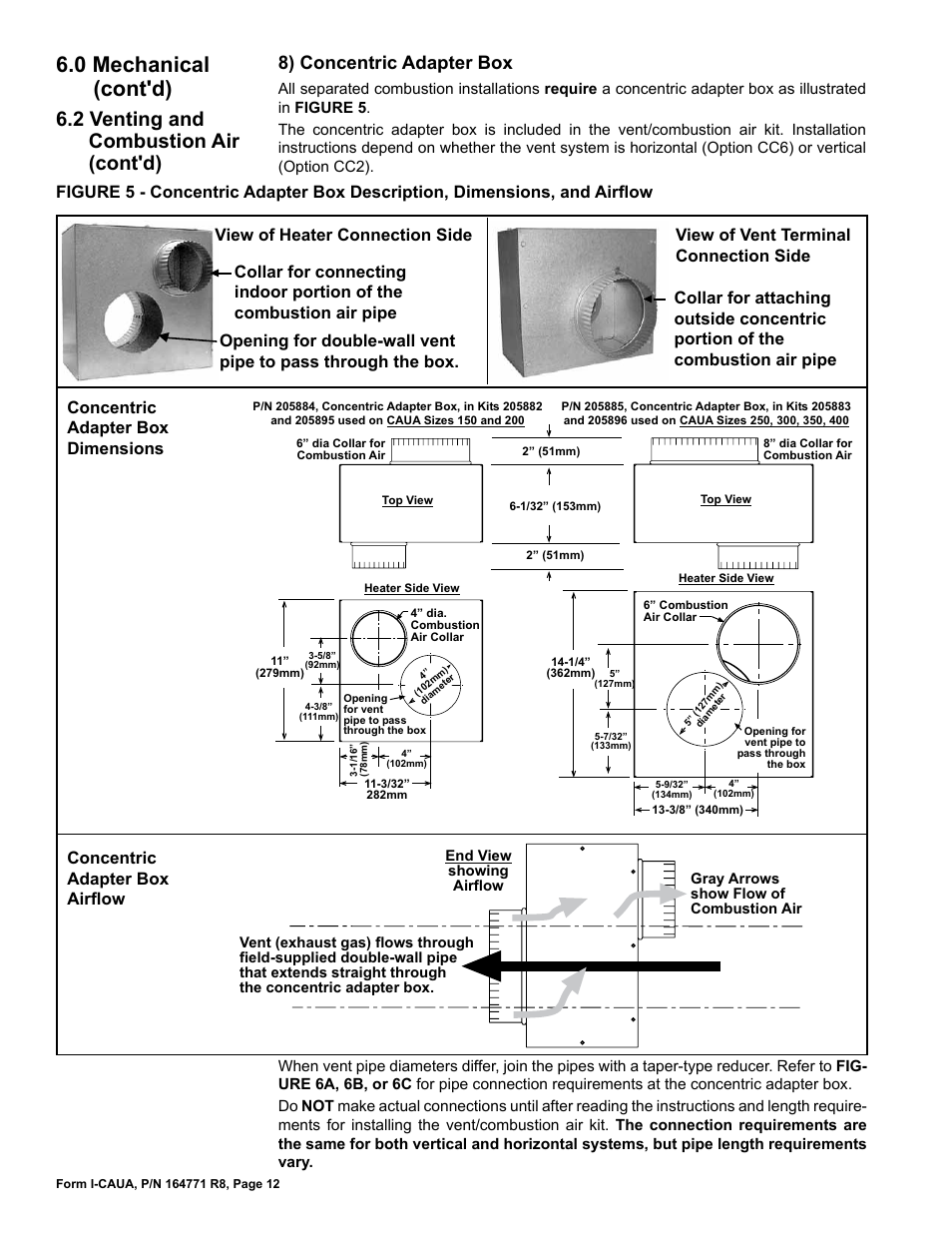 0 mechanical (cont'd), 2 venting and combustion air (cont'd), 8) concentric adapter box | Concentric adapter box dimensions, View of heater connection side | Reznor CAUA Unit Installation Manual User Manual | Page 12 / 44