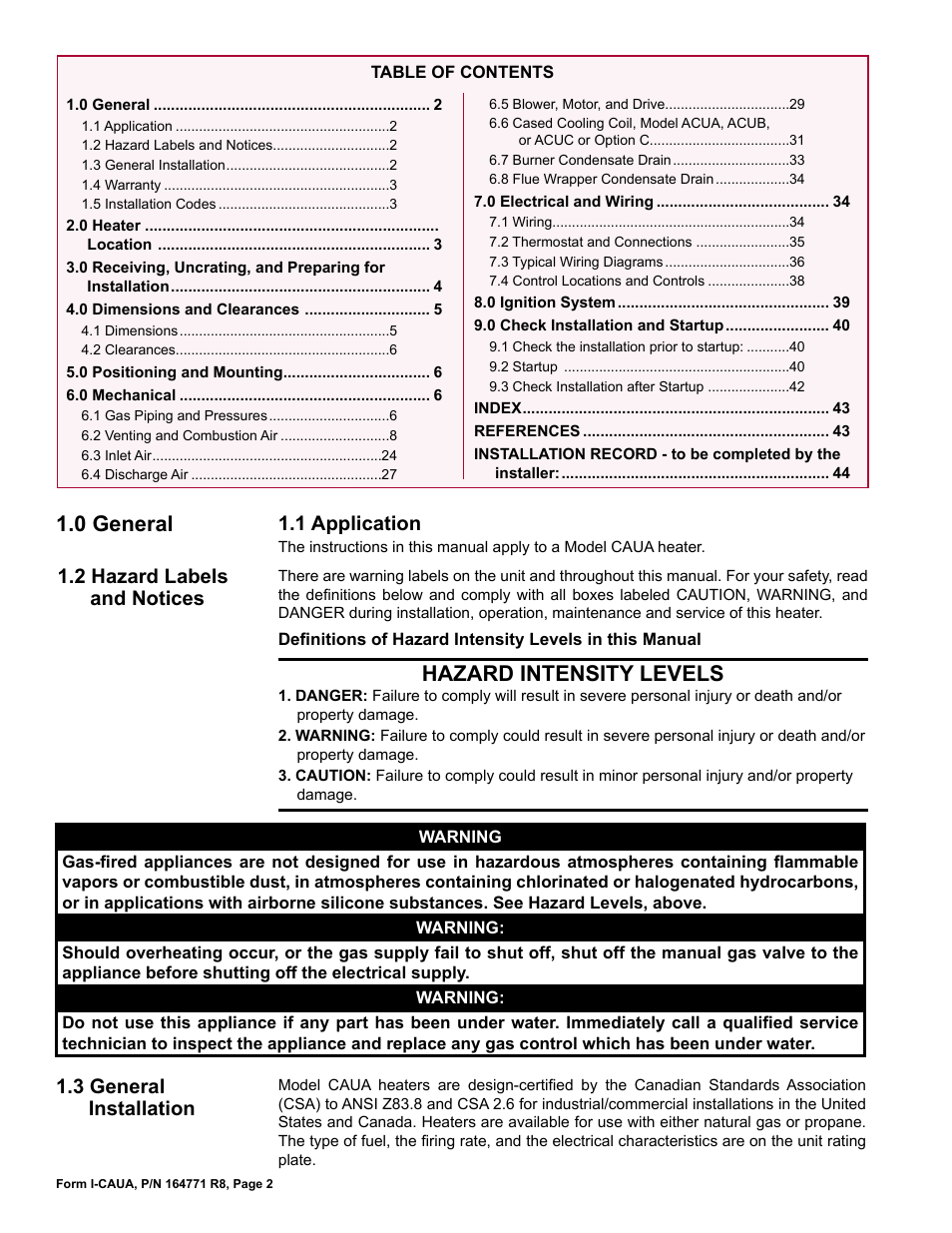 0 general, Hazard intensity levels, 1 application | 3 general installation, 2 hazard labels and notices | Reznor CAUA Unit Installation Manual User Manual | Page 2 / 44