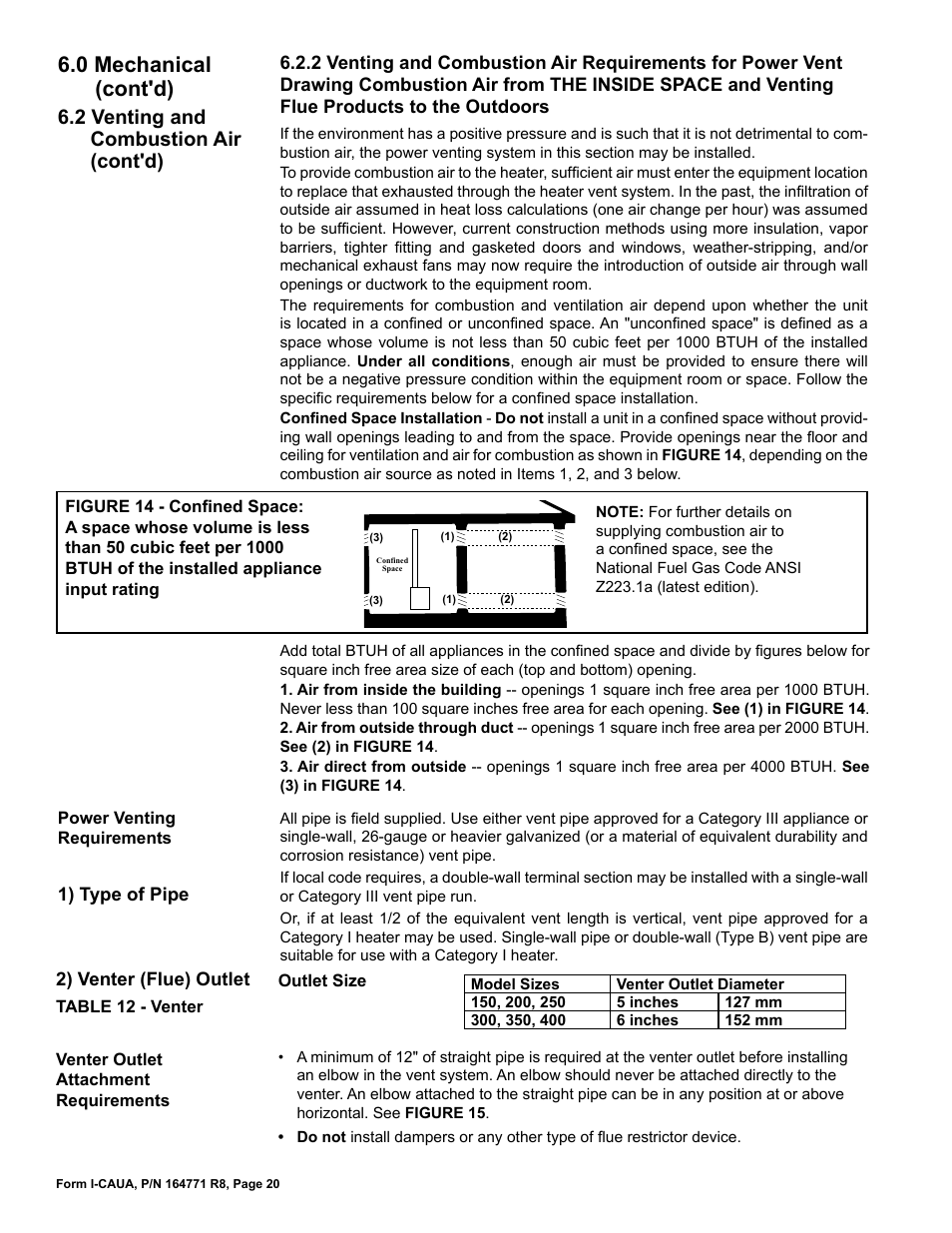 0 mechanical (cont'd), 2 venting and combustion air (cont'd) | Reznor CAUA Unit Installation Manual User Manual | Page 20 / 44