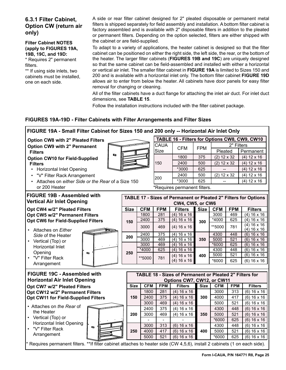 1 filter cabinet, option cw (return air only) | Reznor CAUA Unit Installation Manual User Manual | Page 25 / 44