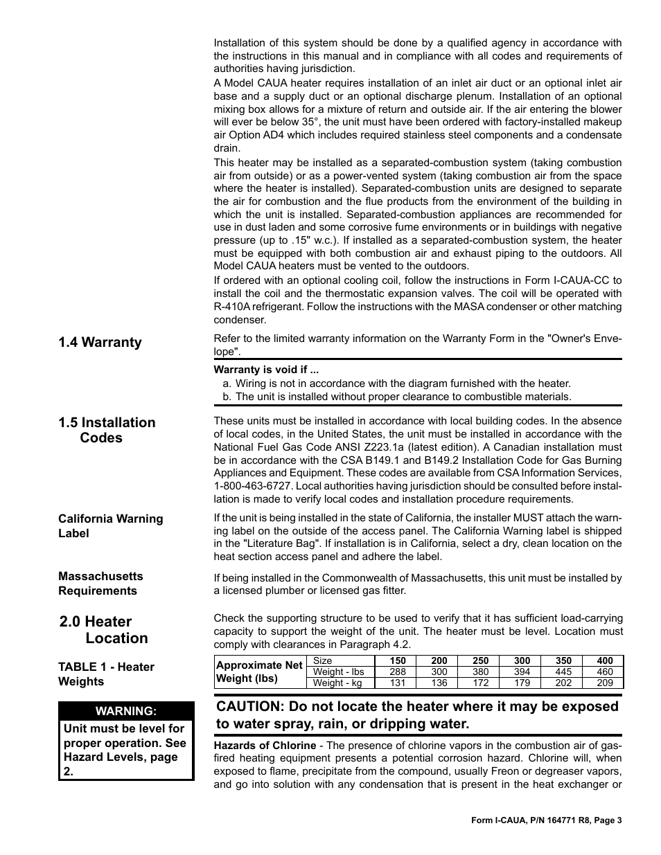 4 warranty 1.5 installation codes, 0 heater, Location | 0 heater location, 4 warranty, 5 installation codes | Reznor CAUA Unit Installation Manual User Manual | Page 3 / 44