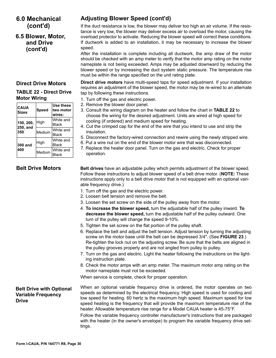 0 mechanical (cont'd), 5 blower, motor, and drive (cont'd), Adjusting blower speed (cont'd) | Reznor CAUA Unit Installation Manual User Manual | Page 30 / 44