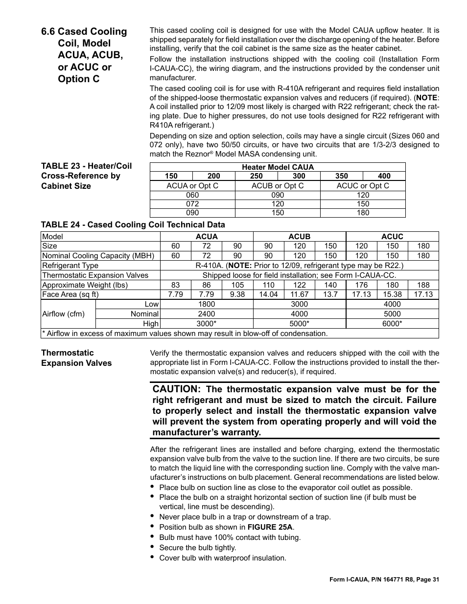 6 cased cooling coil, model acua, acub, Or acuc or option c, Caution | Reznor CAUA Unit Installation Manual User Manual | Page 31 / 44