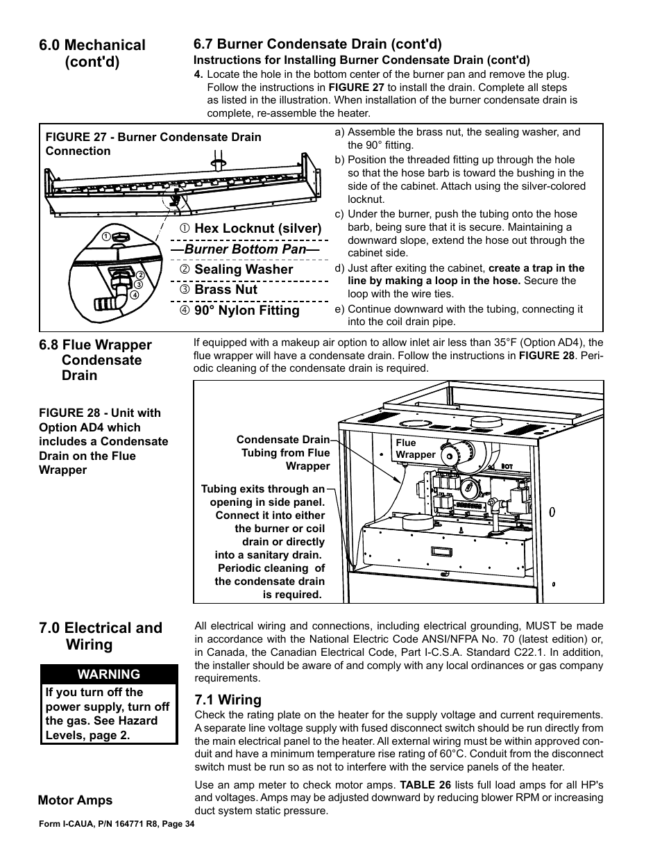 8 flue wrapper condensate drain, 0 electrical and wiring, 1 wiring | 0 mechanical (cont'd), 7 burner condensate drain (cont'd) | Reznor CAUA Unit Installation Manual User Manual | Page 34 / 44