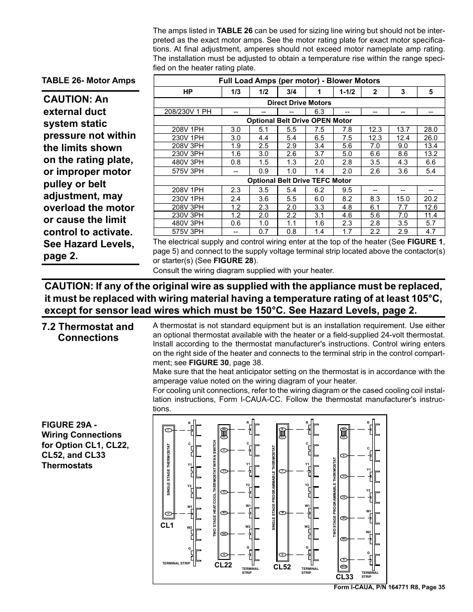 2 thermostat and connections, Table 26- motor amps | Reznor CAUA Unit Installation Manual User Manual | Page 35 / 44