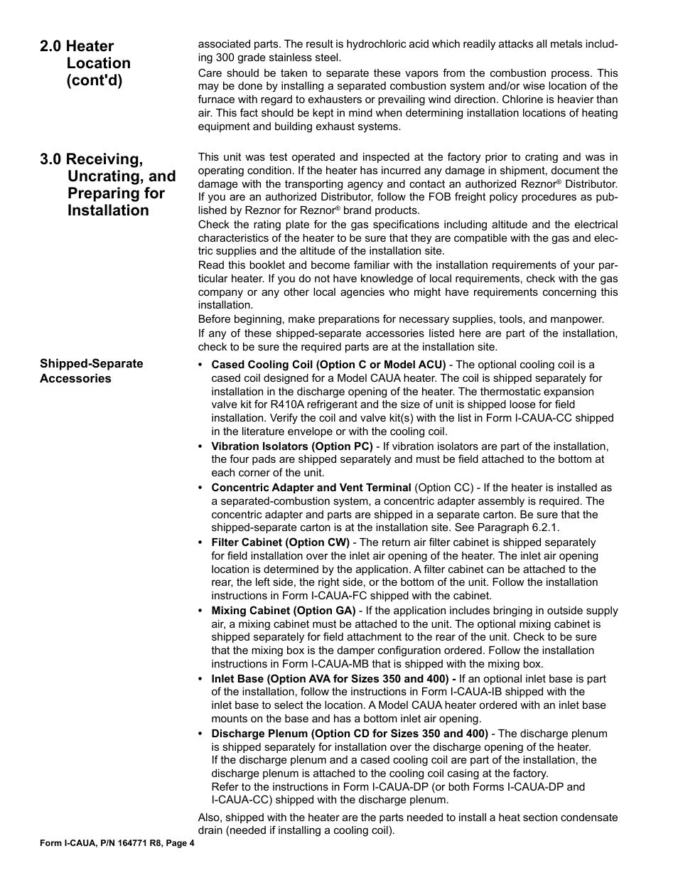0 receiving, uncrating, and preparing for, Installation, 0 heater location (cont'd) | Reznor CAUA Unit Installation Manual User Manual | Page 4 / 44