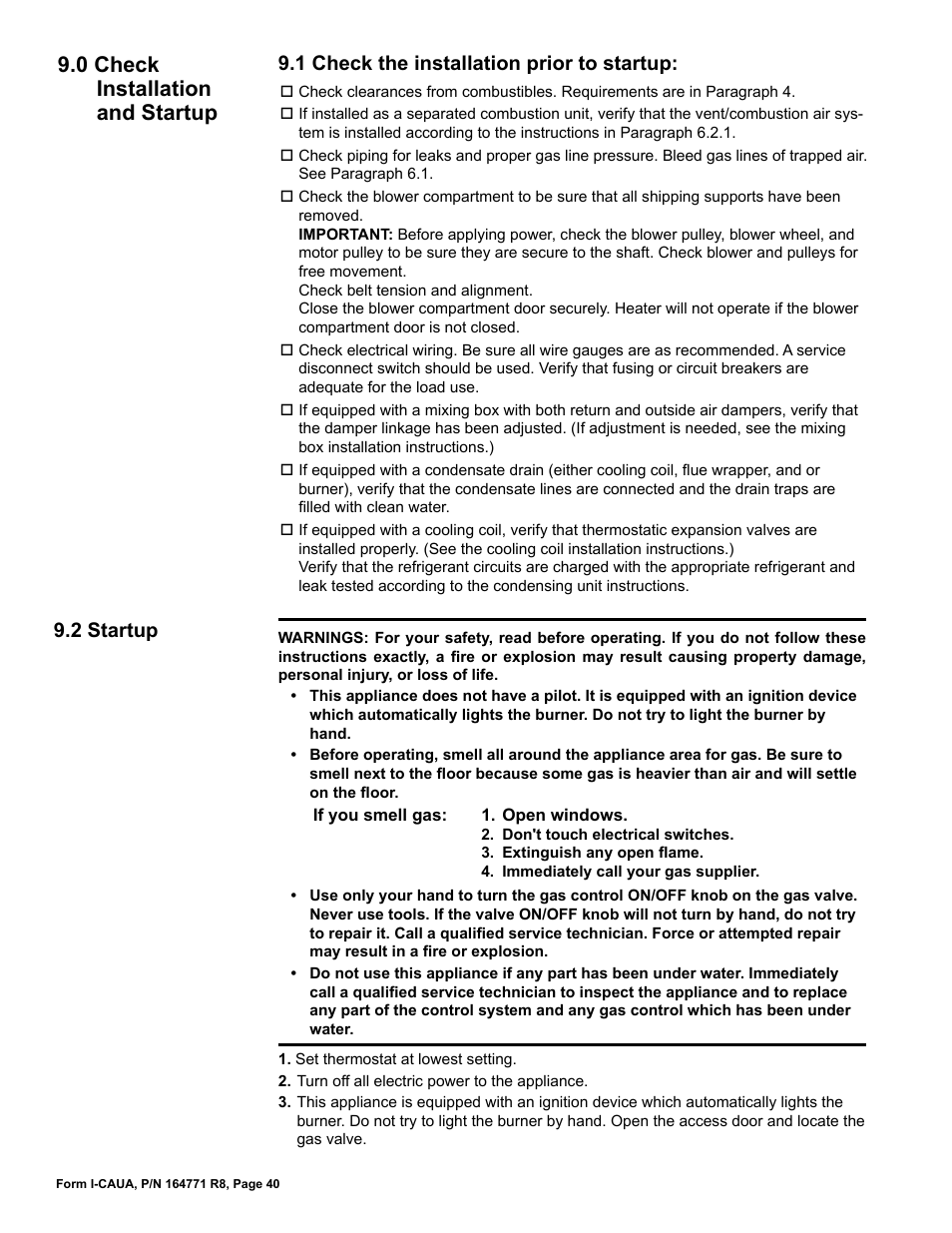 0 check installation and startup, 1 check the installation prior to startup, 2 startup | Reznor CAUA Unit Installation Manual User Manual | Page 40 / 44