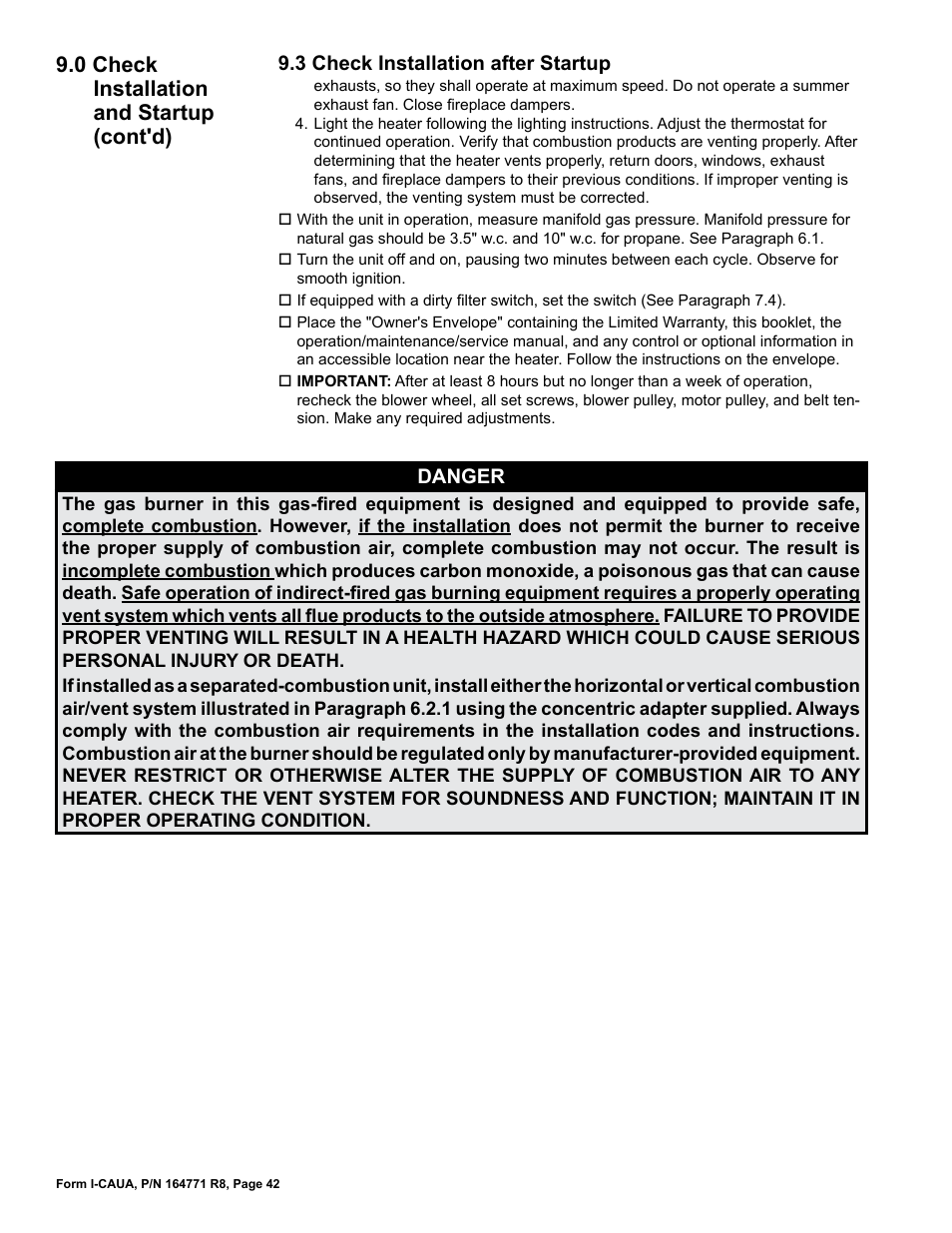 3 check installation after startup, 0 check installation and startup (cont'd) | Reznor CAUA Unit Installation Manual User Manual | Page 42 / 44