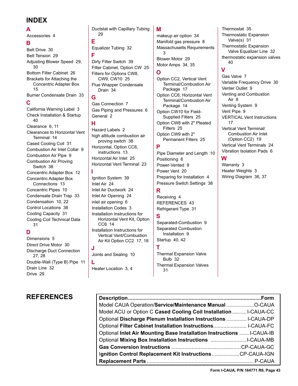 Index references, Index, References | Reznor CAUA Unit Installation Manual User Manual | Page 43 / 44