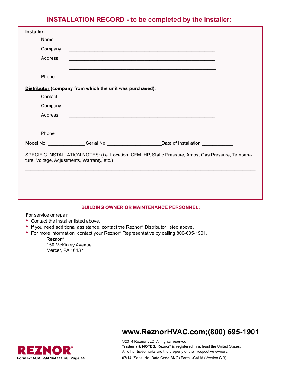 Installation record - to be completed by the, Installer | Reznor CAUA Unit Installation Manual User Manual | Page 44 / 44