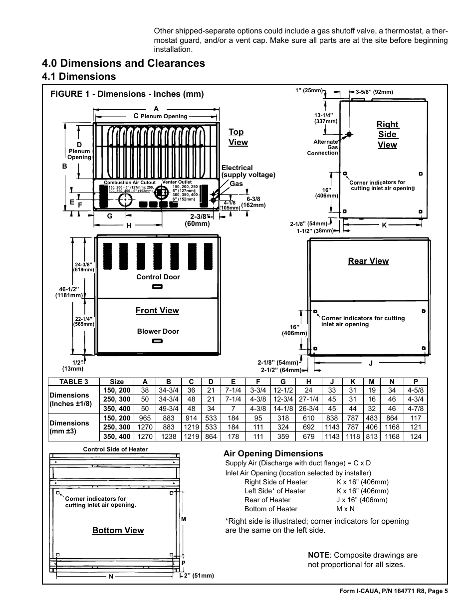 0 dimensions and clearances, 1 dimensions, Air opening dimensions | Bottom view | Reznor CAUA Unit Installation Manual User Manual | Page 5 / 44
