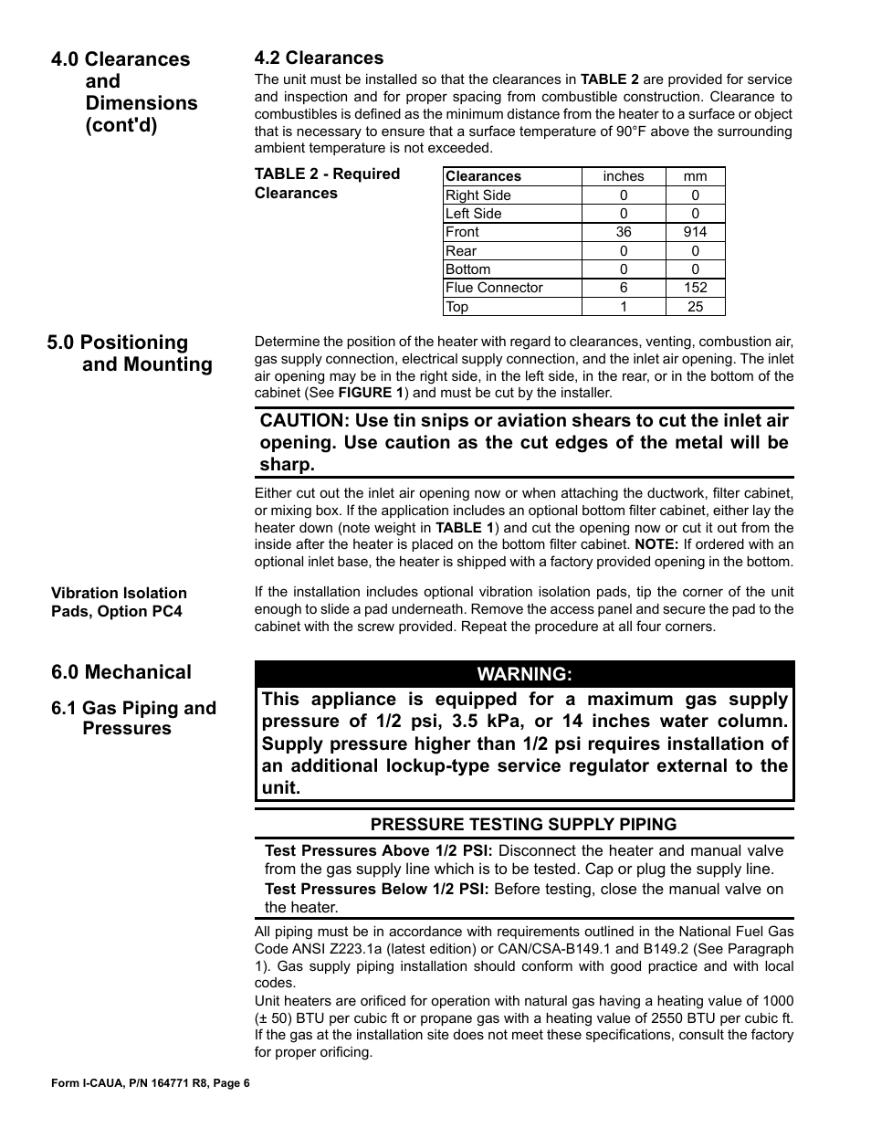 2 clearances, 0 positioning and mounting 6.0 mechanical, 1 gas piping and pressures | 0 clearances and dimensions (cont'd), 0 positioning and mounting, 0 mechanical | Reznor CAUA Unit Installation Manual User Manual | Page 6 / 44
