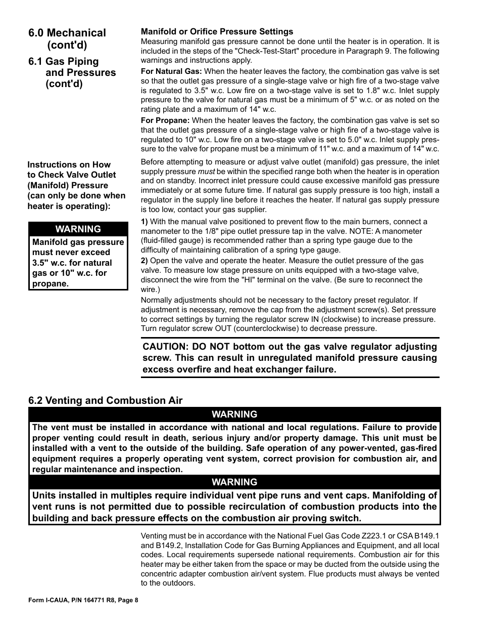 2 venting and combustion air, 0 mechanical (cont'd), 1 gas piping and pressures (cont'd) | Reznor CAUA Unit Installation Manual User Manual | Page 8 / 44