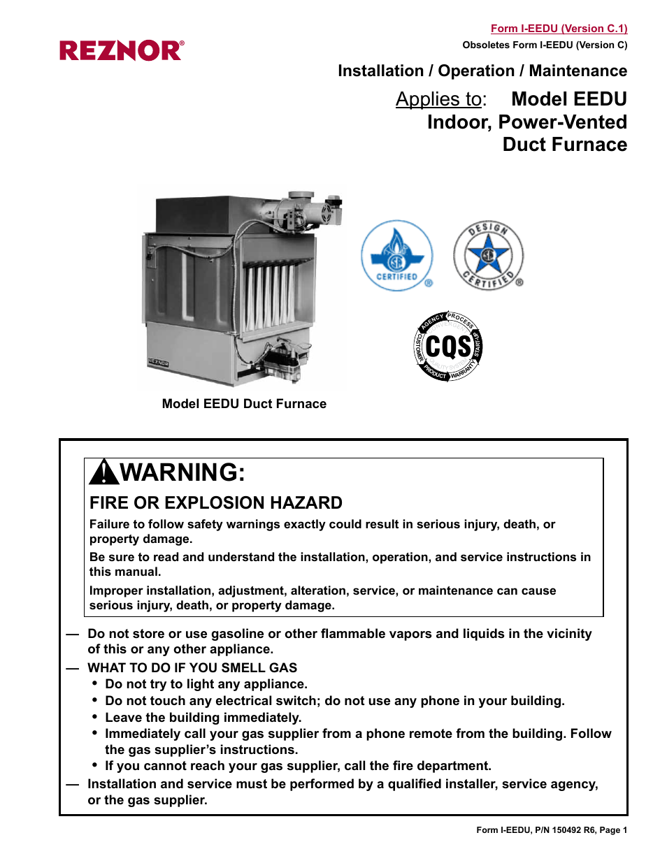 Reznor EEDU Unit Installation Manual User Manual | 32 pages