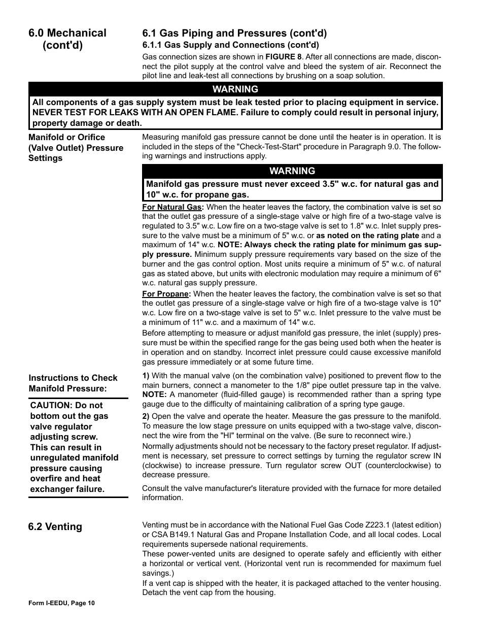 2 venting, 0 mechanical (cont'd), 1 gas piping and pressures (cont'd) | Reznor EEDU Unit Installation Manual User Manual | Page 10 / 32