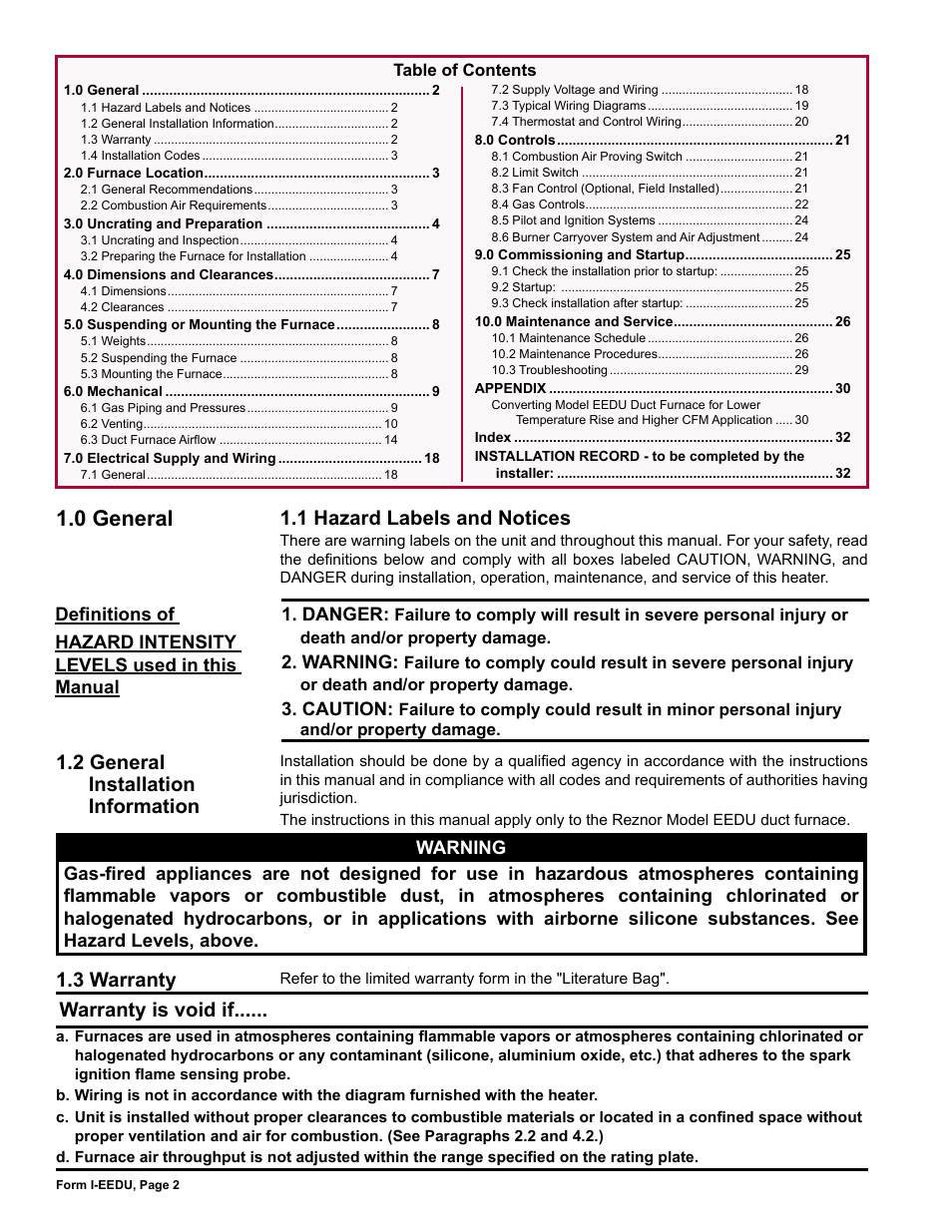 0 general, 2 general installation information, 1 hazard labels and notices | 3 warranty, Warranty is void if | Reznor EEDU Unit Installation Manual User Manual | Page 2 / 32