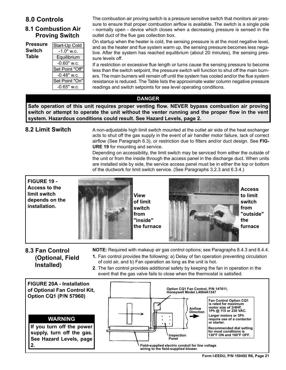 0 controls, 1 combustion air proving switch, 2 limit switch | 3 fan control (optional, field installed) | Reznor EEDU Unit Installation Manual User Manual | Page 21 / 32