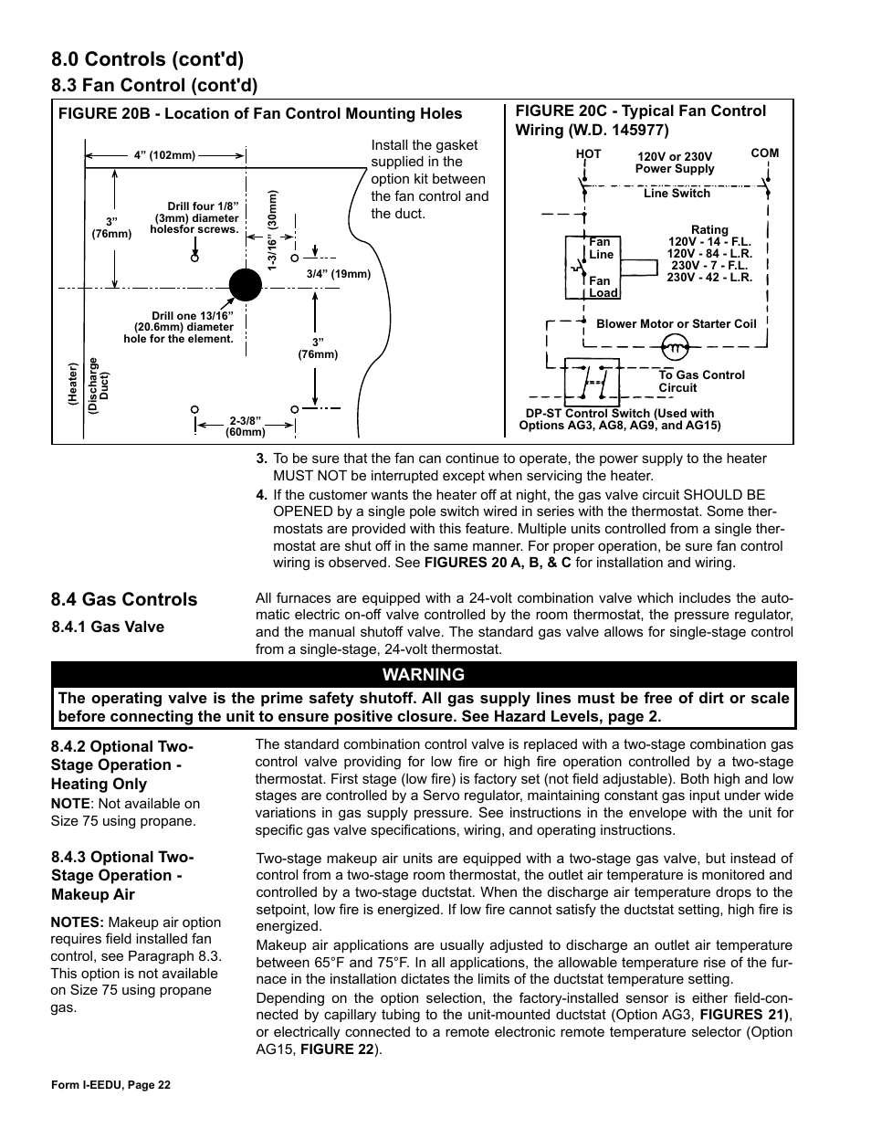 4 gas controls, 0 controls (cont'd), 3 fan control (cont'd) | Warning | Reznor EEDU Unit Installation Manual User Manual | Page 22 / 32