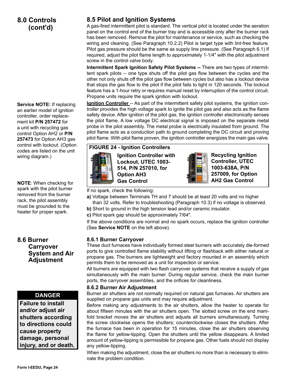 5 pilot and ignition systems, 6 burner carryover system and air adjustment, 0 controls (cont'd) | Reznor EEDU Unit Installation Manual User Manual | Page 24 / 32