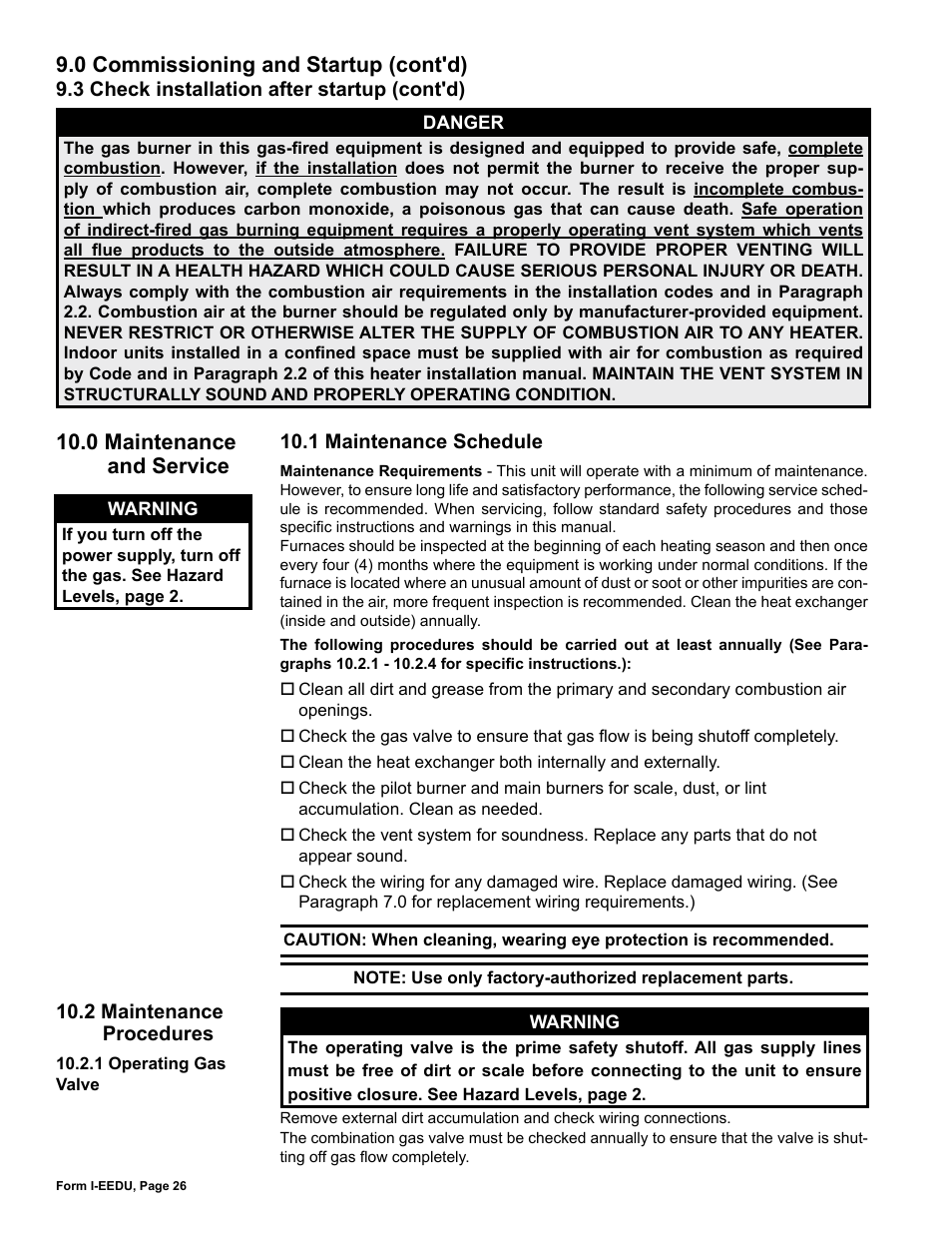 0 maintenance and service, 1 maintenance schedule, 2 maintenance procedures | 0 commissioning and startup (cont'd) | Reznor EEDU Unit Installation Manual User Manual | Page 26 / 32