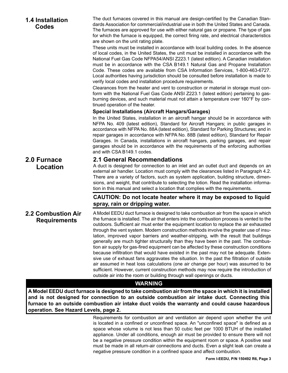 4 installation codes, 0 furnace location, 1 general recommendations | 2 combustion air requirements | Reznor EEDU Unit Installation Manual User Manual | Page 3 / 32