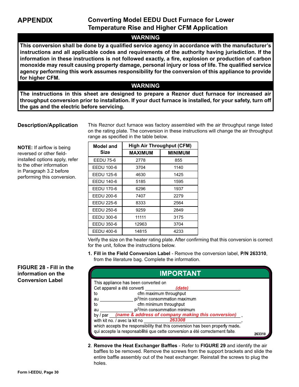 Appendix, Converting model eedu duct furnace for lower, Temperature rise and higher cfm application | Reznor EEDU Unit Installation Manual User Manual | Page 30 / 32