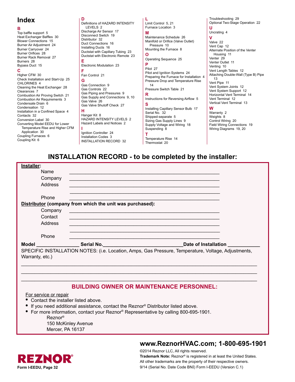 Index, Installation record - to be completed by the, Installer | Building owner or maintenance personnel | Reznor EEDU Unit Installation Manual User Manual | Page 32 / 32