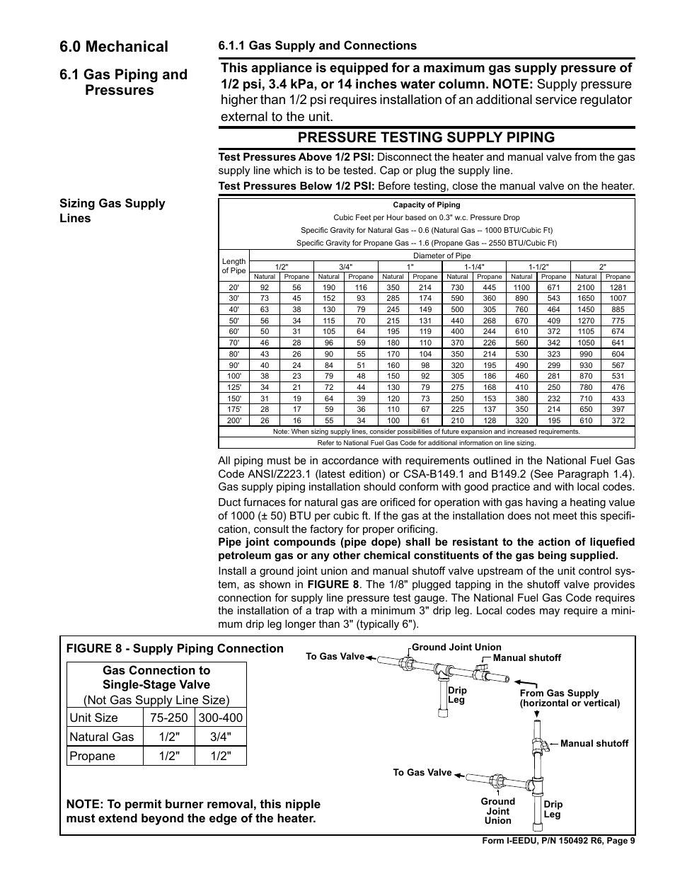0 mechanical, 1 gas piping and pressures, Pressure testing supply piping | 1 gas supply and connections, Sizing gas supply lines | Reznor EEDU Unit Installation Manual User Manual | Page 9 / 32