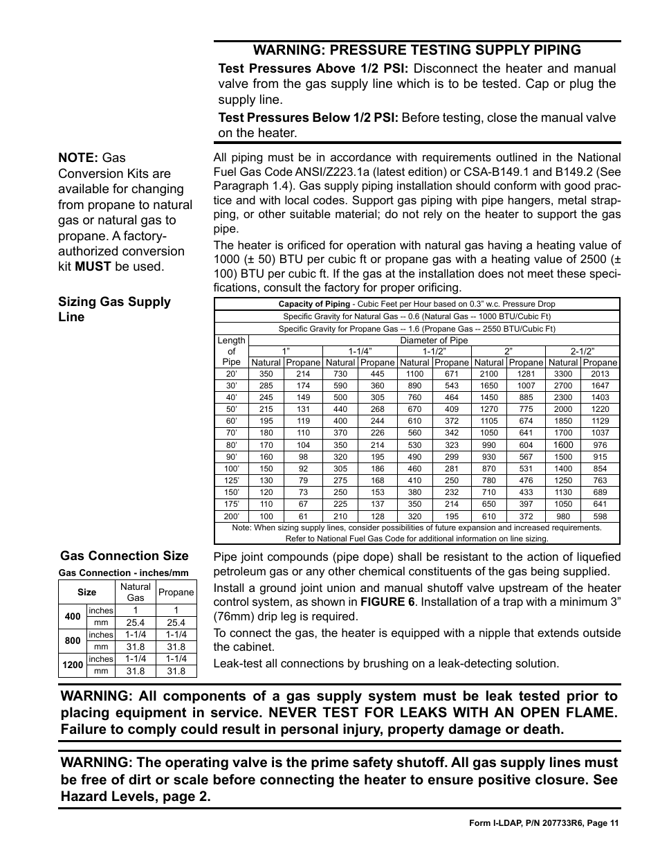 Warning: pressure testing supply piping, Gas connection size, Sizing gas supply line | Reznor LDAP Unit Installation Manual User Manual | Page 11 / 44