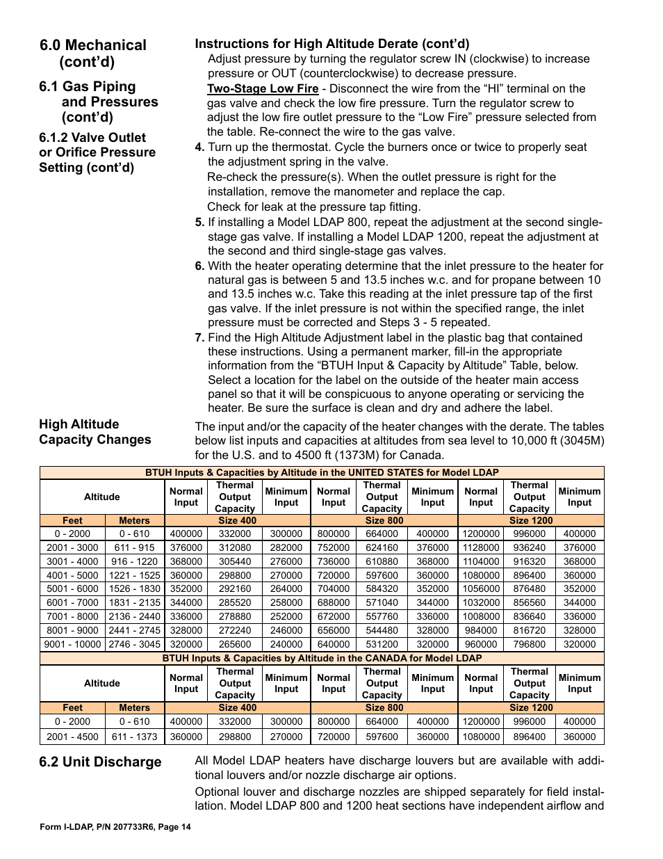 0 mechanical (cont’d), 1 gas piping and pressures (cont’d), 2 unit discharge | Instructions for high altitude derate (cont’d) | Reznor LDAP Unit Installation Manual User Manual | Page 14 / 44