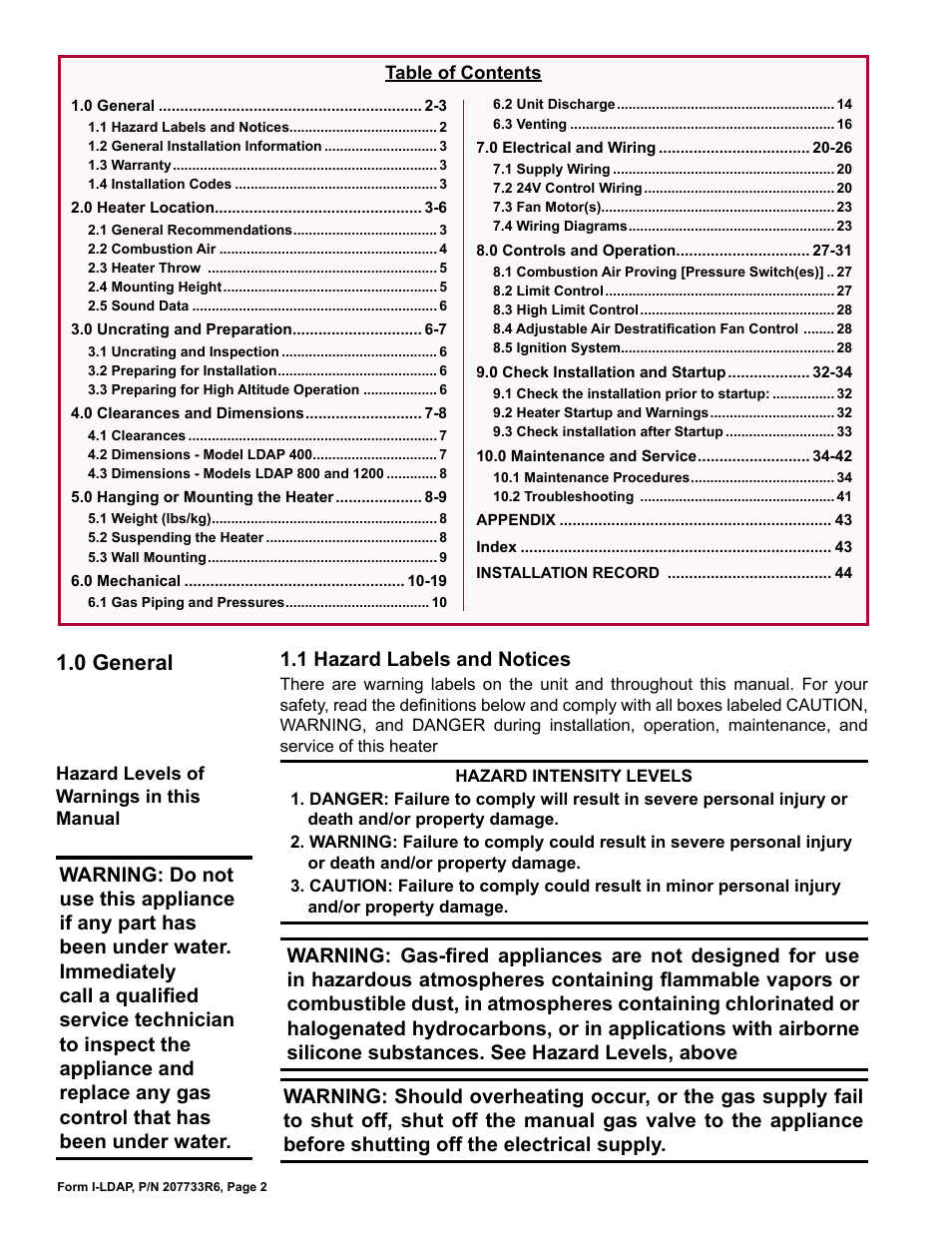 0 general, 1 hazard labels and notices | Reznor LDAP Unit Installation Manual User Manual | Page 2 / 44
