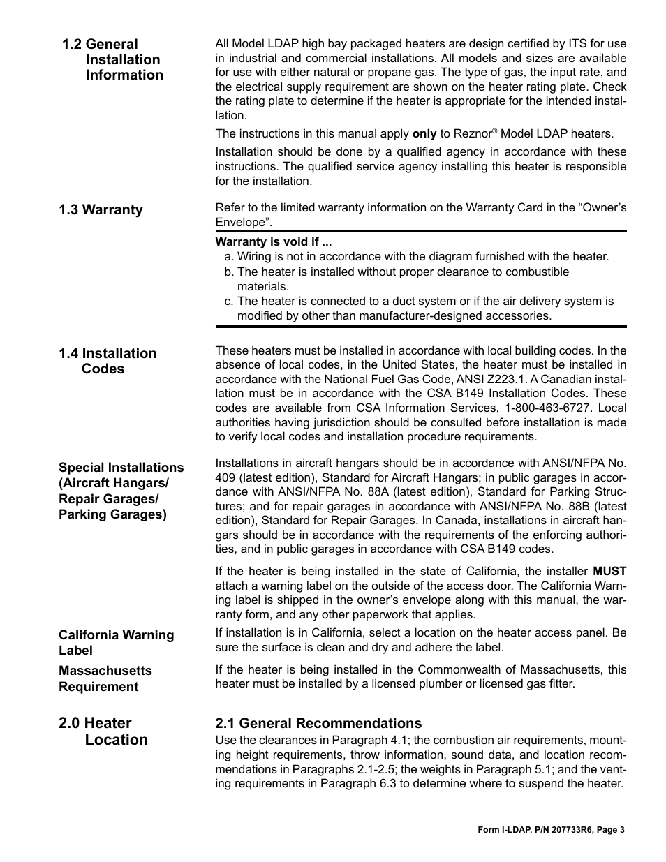 0 heater location | Reznor LDAP Unit Installation Manual User Manual | Page 3 / 44