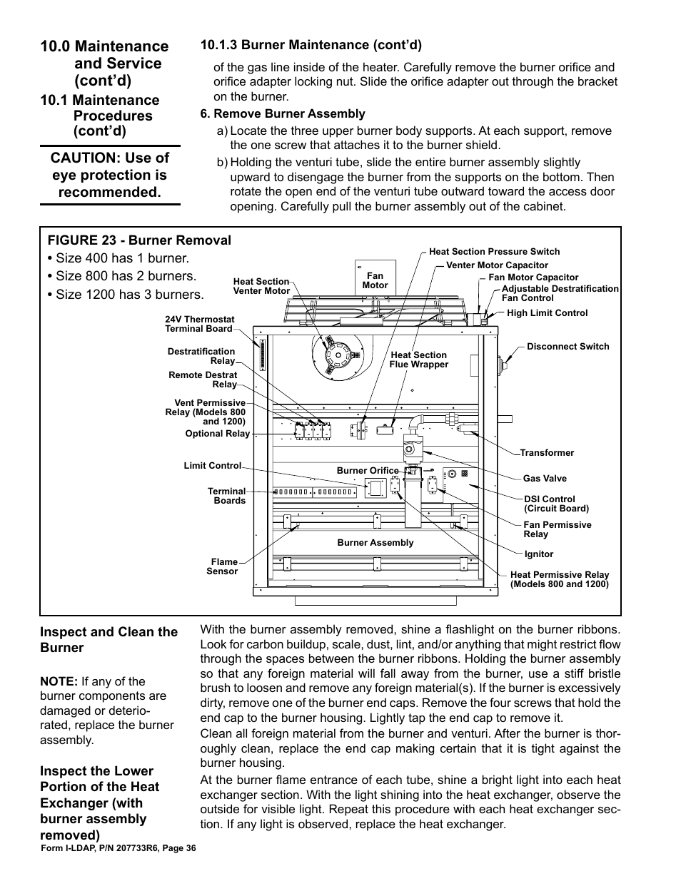 0 maintenance and service (cont’d), Caution: use of eye protection is recommended, 1 maintenance procedures (cont’d) | Reznor LDAP Unit Installation Manual User Manual | Page 36 / 44
