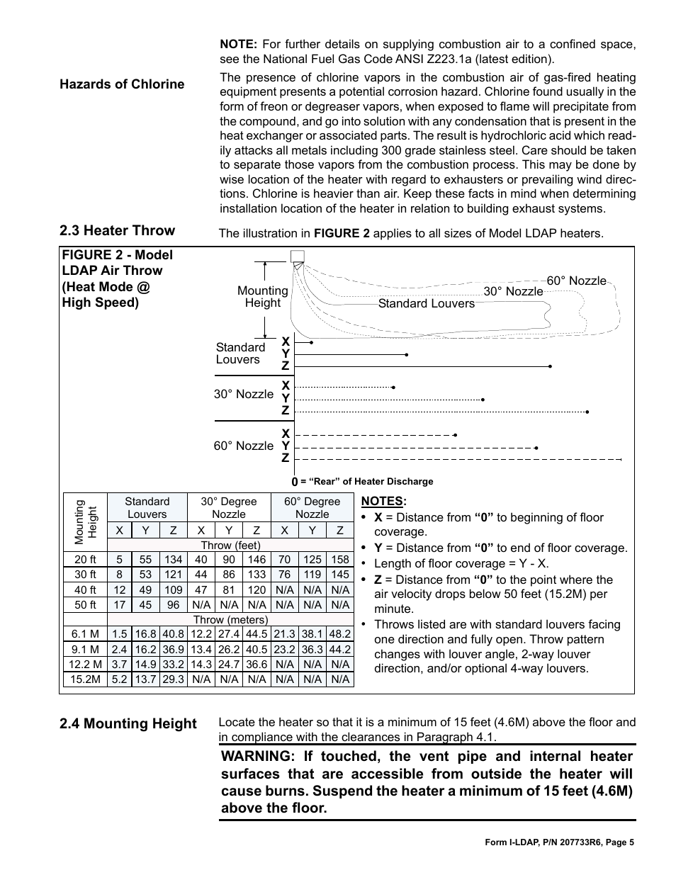 3 heater throw, 4 mounting height | Reznor LDAP Unit Installation Manual User Manual | Page 5 / 44