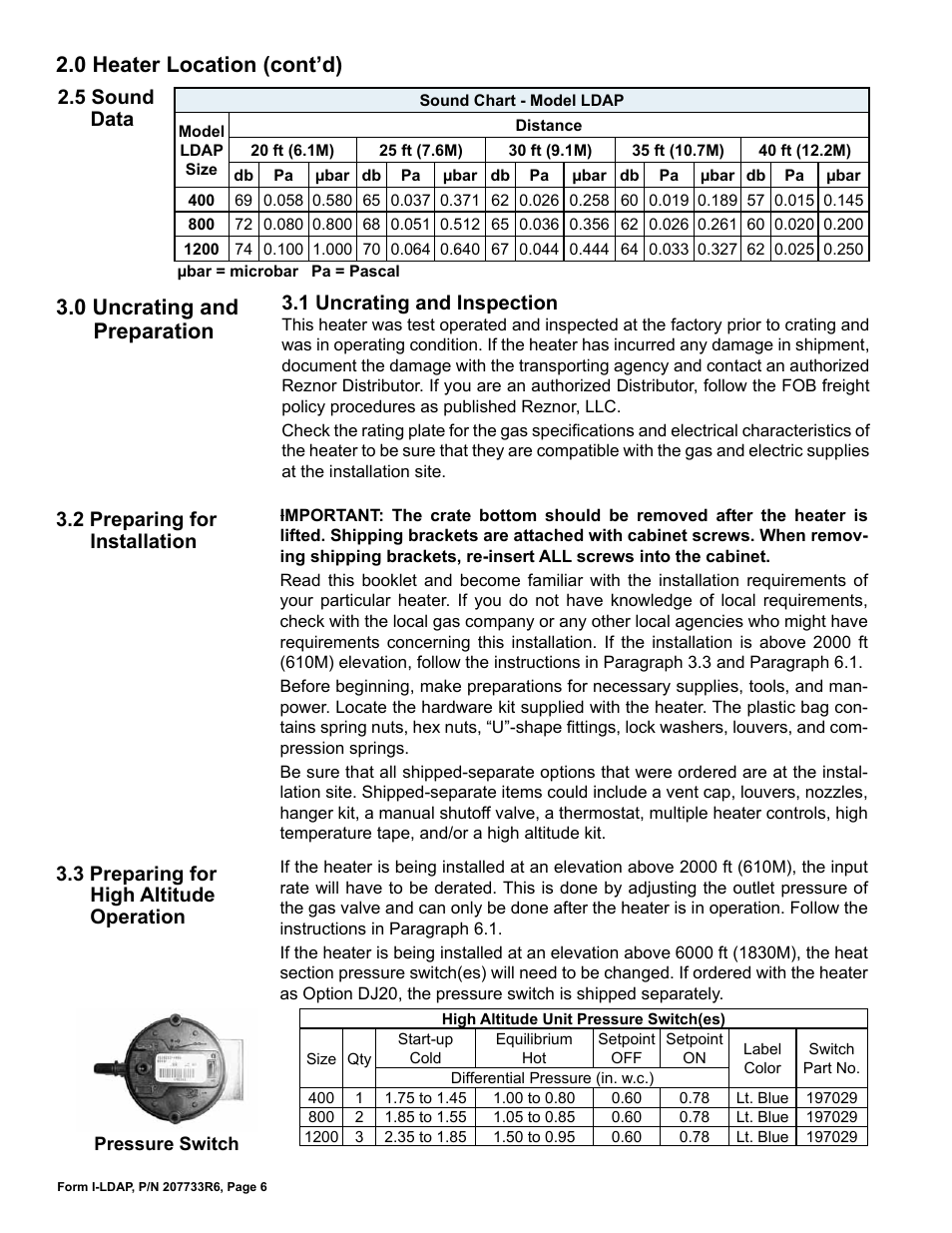 0 uncrating and preparation, 0 heater location (cont’d), 3 preparing for high altitude operation | 1 uncrating and inspection, 5 sound data, 2 preparing for installation | Reznor LDAP Unit Installation Manual User Manual | Page 6 / 44
