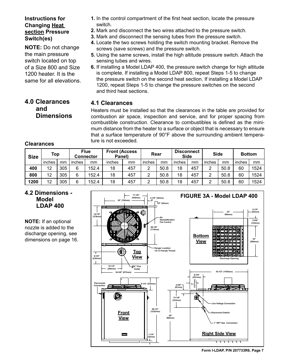 0 clearances and dimensions, 2 dimensions - model ldap 400, 1 clearances | Figure 3a - model ldap 400, Clearances, Size | Reznor LDAP Unit Installation Manual User Manual | Page 7 / 44