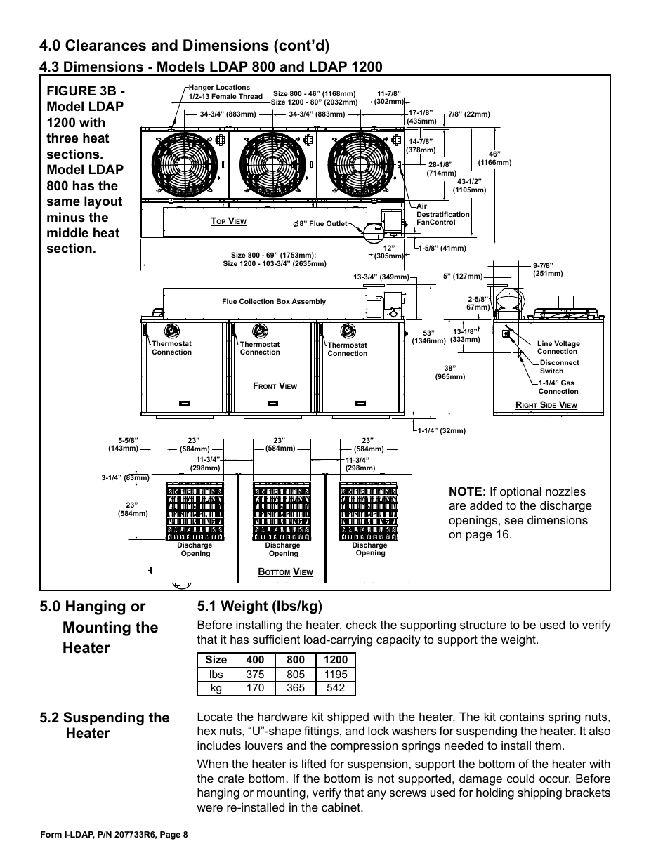 0 clearances and dimensions (cont’d), 0 hanging or mounting the heater, 1 weight (lbs/kg) 5.2 suspending the heater | Reznor LDAP Unit Installation Manual User Manual | Page 8 / 44