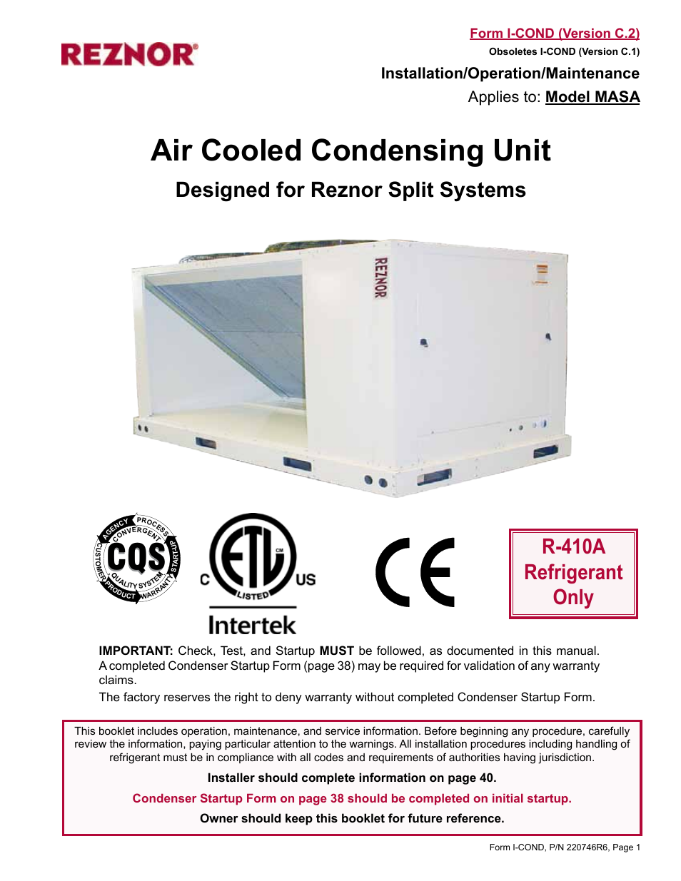 Reznor MASA Unit Installation Manual User Manual | 40 pages