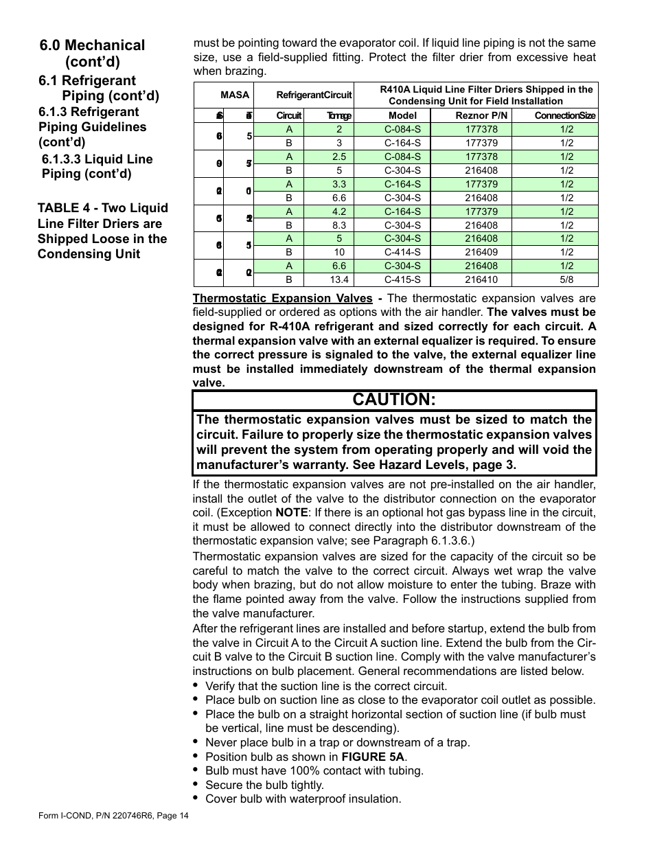 Caution, 0 mechanical (cont’d), 1 refrigerant piping (cont’d) | Reznor MASA Unit Installation Manual User Manual | Page 14 / 40