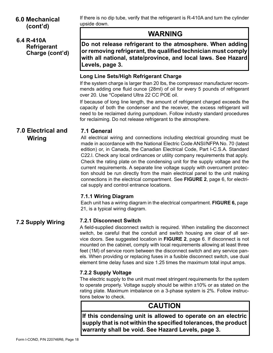 0 electrical and wiring, 1 general, 1 wiring diagram | 2 supply wiring, 1 disconnect switch 7.2.2 supply voltage, Warning, Caution | Reznor MASA Unit Installation Manual User Manual | Page 18 / 40