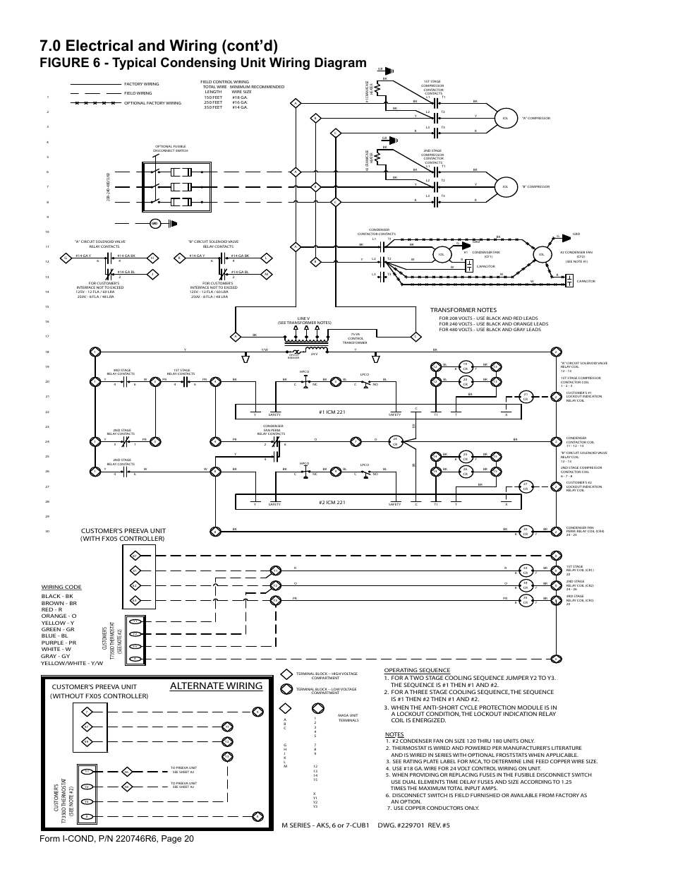 0 electrical and wiring (cont’d), Figure 6 - typical condensing unit wiring diagram, Alternate wiring | Customer's preeva unit, With fx05 controller), Without fx05 controller) | Reznor MASA Unit Installation Manual User Manual | Page 20 / 40