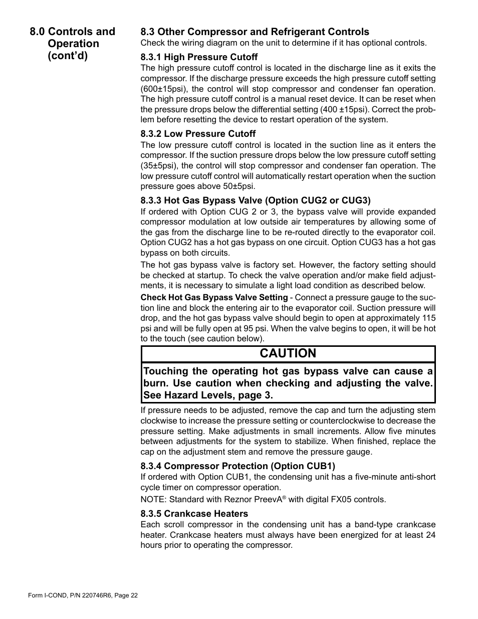 3 other compressor and refrigerant, Controls, Cug2 or cug3) | Caution, 0 controls and operation (cont’d) | Reznor MASA Unit Installation Manual User Manual | Page 22 / 40