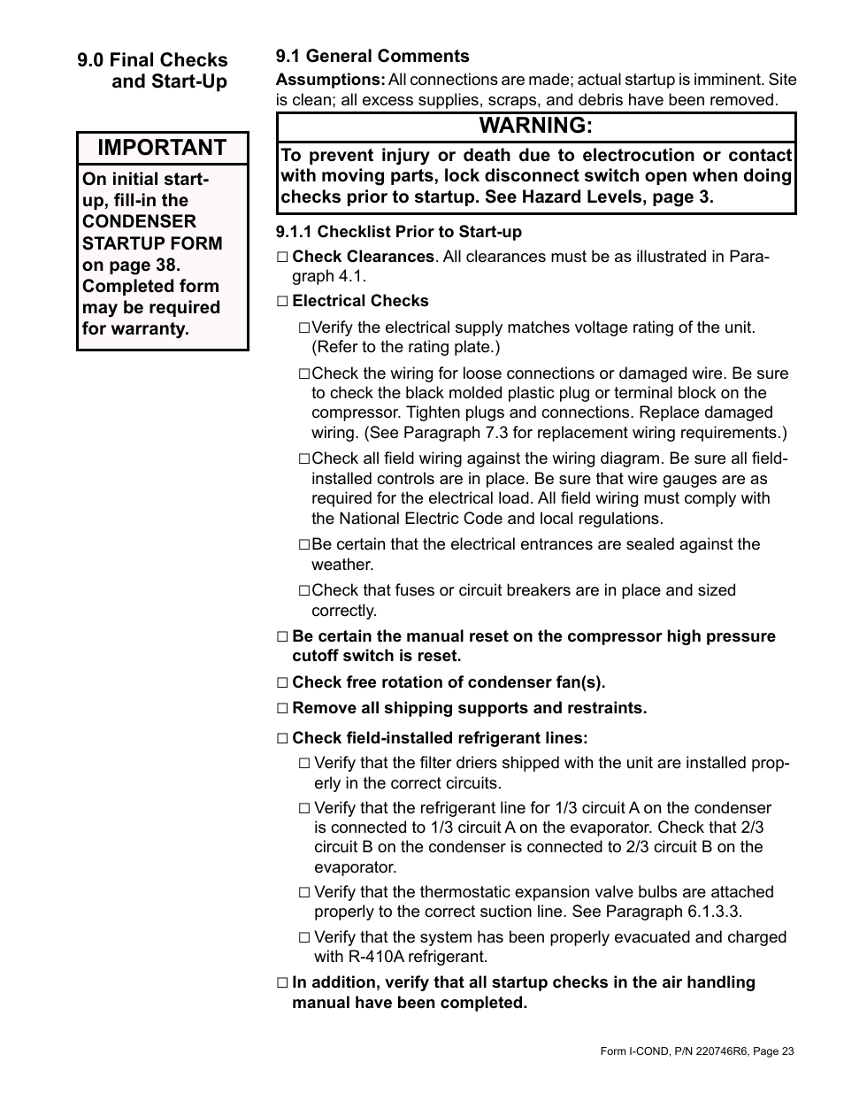 0 final checks and start-up, 1 general comments, 1 checklist prior to start-up | Reznor MASA Unit Installation Manual User Manual | Page 23 / 40