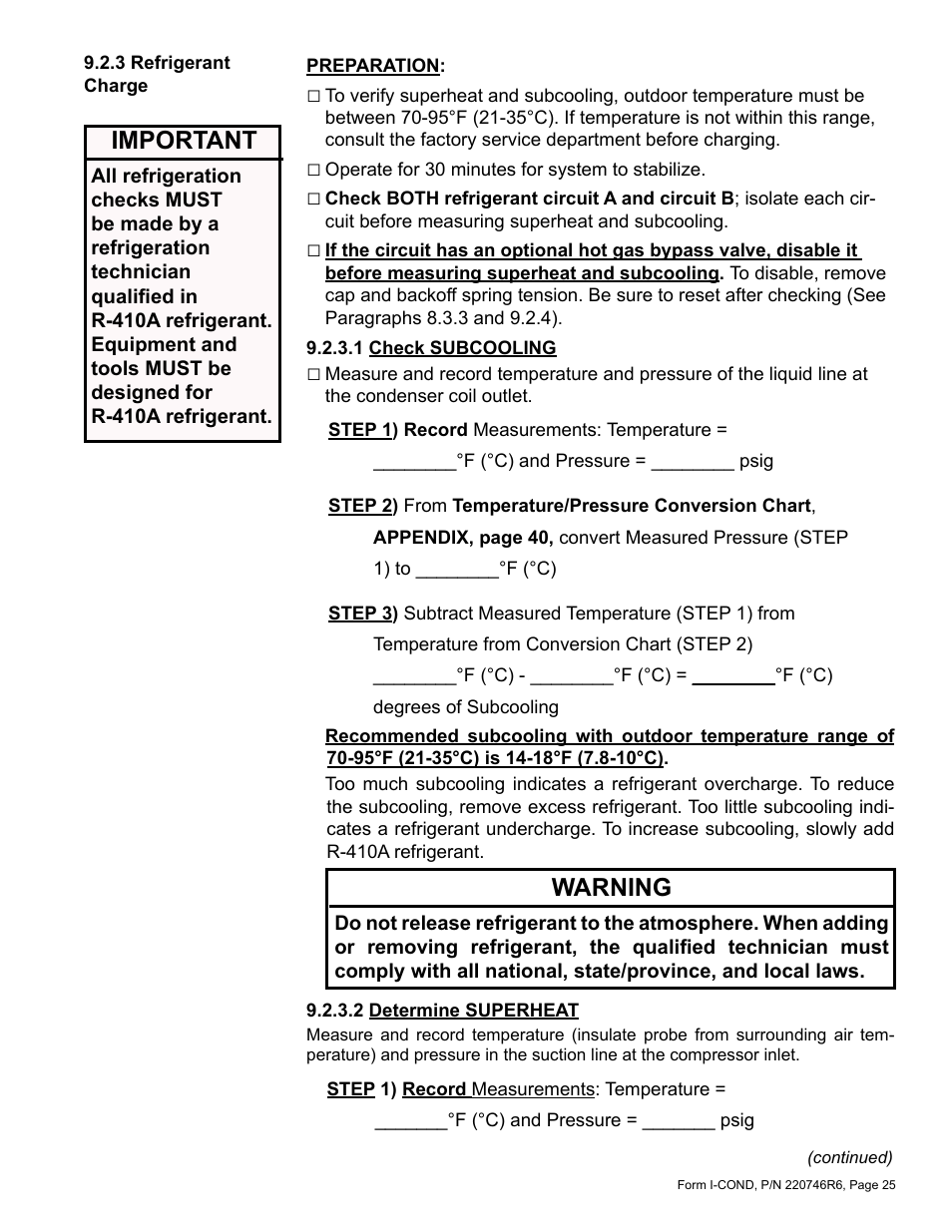 3 refrigerant charge, 1 check subcooling 9.2.3.2 determine superheat, Important | Warning | Reznor MASA Unit Installation Manual User Manual | Page 25 / 40
