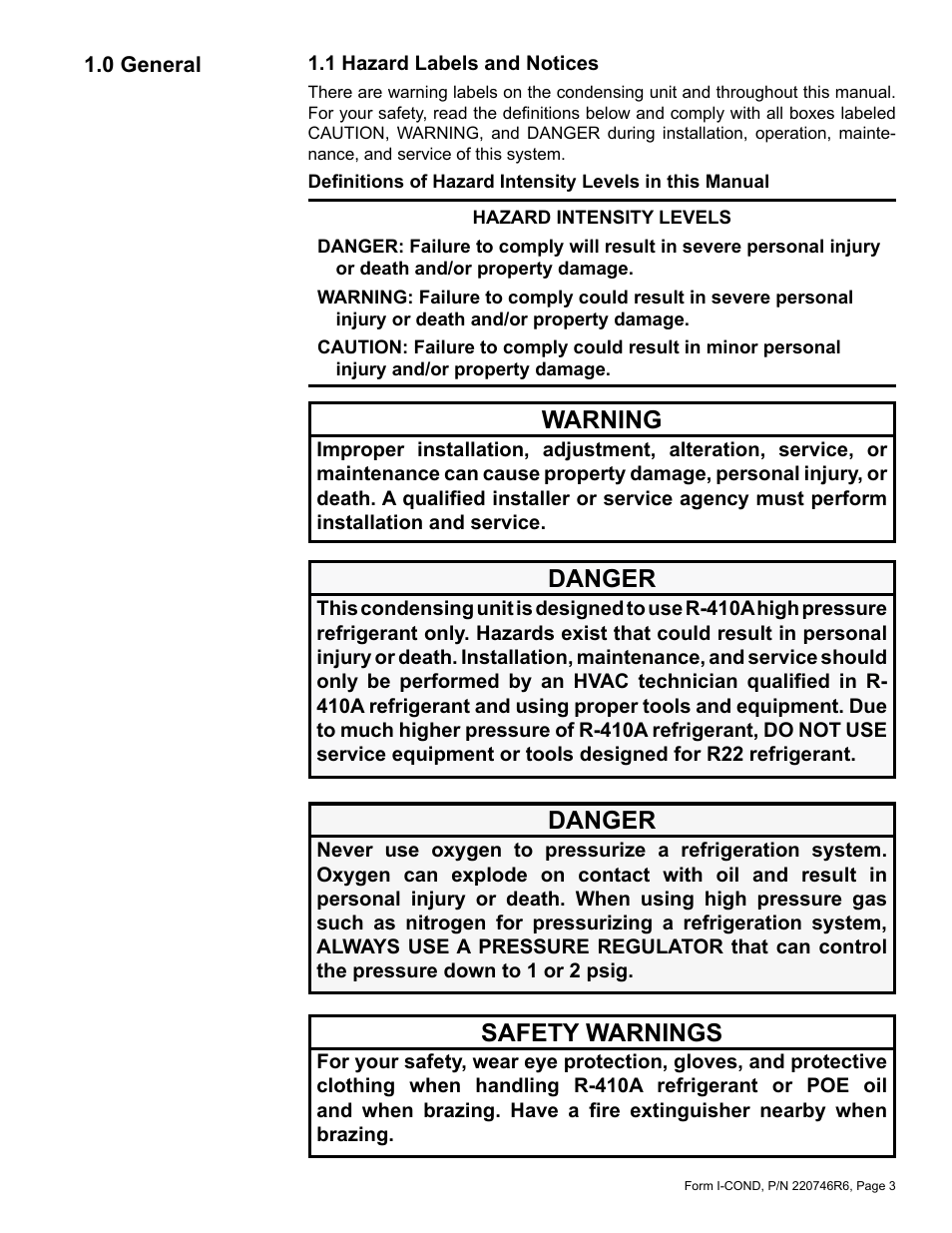 0 general, 1 hazard labels and notices, Danger | Warning, Safety warnings | Reznor MASA Unit Installation Manual User Manual | Page 3 / 40