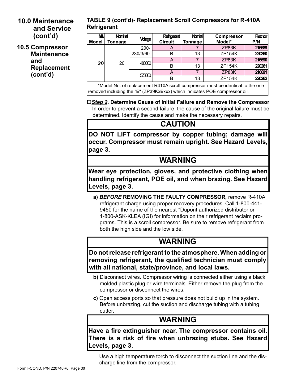 Caution, Warning, 0 maintenance and service (cont’d) | Reznor MASA Unit Installation Manual User Manual | Page 30 / 40