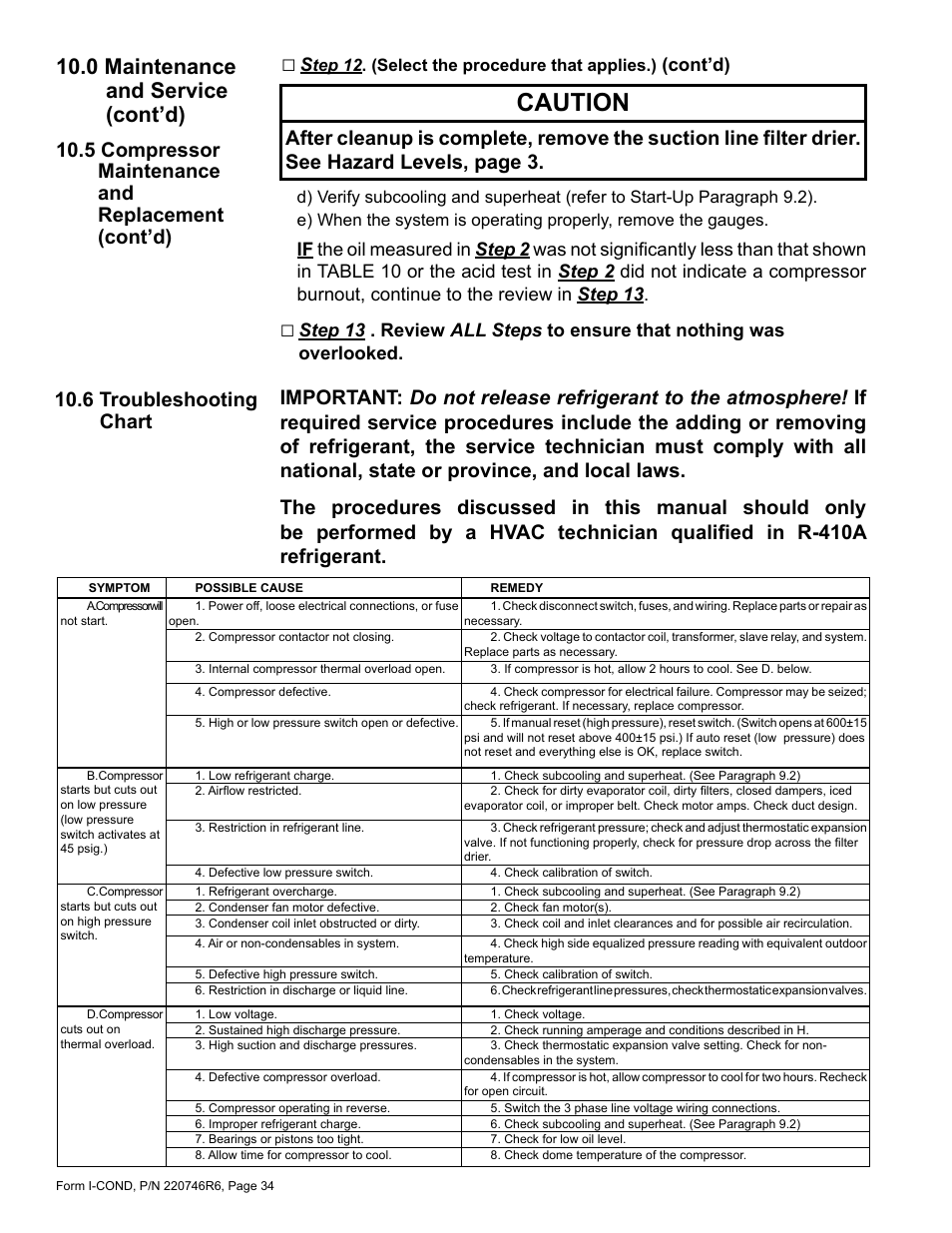 6 troubleshooting chart, Caution, 0 maintenance and service (cont’d) | 5 compressor maintenance and replacement (cont’d), Cont’d) | Reznor MASA Unit Installation Manual User Manual | Page 34 / 40