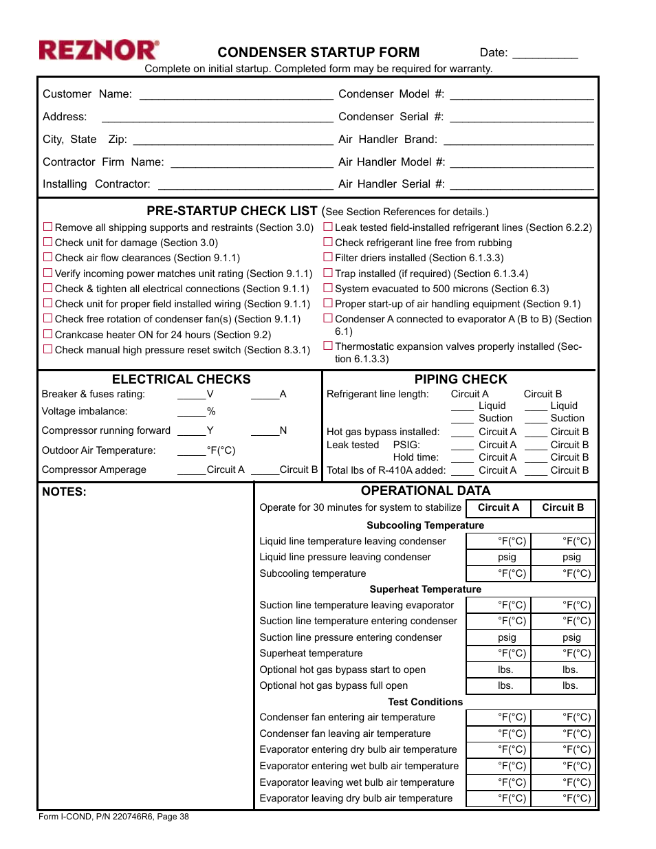 Condenser startup form | Reznor MASA Unit Installation Manual User Manual | Page 38 / 40